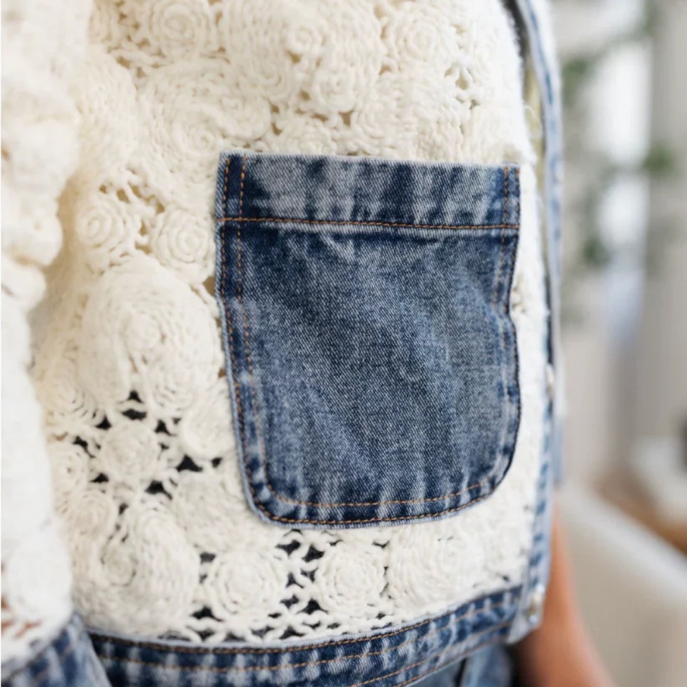 Sz M🇨🇦⭐️NWT Tribal Crochet Lace Denim-Trim Jacket - Picture 4 of 13